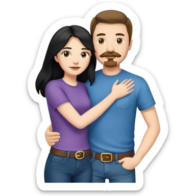 tall white man with brown hair goatee mustache wearing t-shirt and jeans hugging a shorter white woman with long black hair sticker