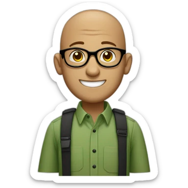 smiling jewish man with shaved head in rectangular black glasses and green button up shirt sticker
