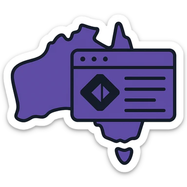 Integrate the official Microsoft Power Pages icon prominently into the map of Australia with digital web page overlay, use #403DAD as the main color, keep the modern and techy look, no text sticker