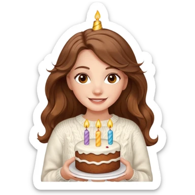 A pretty white girl with hazel brown eyes and long brown wavy hair in a cosy white knit sweater, she is celebrating her birthday sticker