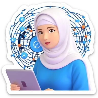woman with white hijab in blue outfit, looking forward, with programming code, algorithms, binary data flows, software development tools, database structures, coding syntax highlighting, computer science symbols, and computing diagrams surrounding her sticker