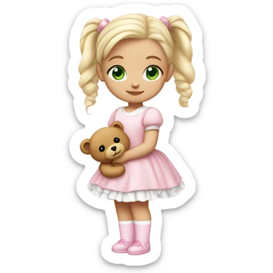 Little  babygirl with White skin, green eyes. Light blonde hair in two ponytails, with light pink bows.  She is wearing a light pink and White dress, holding a teddybear with a pink bow. sticker