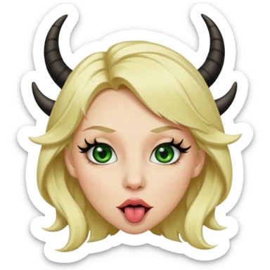 Emoji femme blonde habillée en noir cheveux blond, yeux vert avec de long cils noir qui tire la langue et à des cornes  sticker