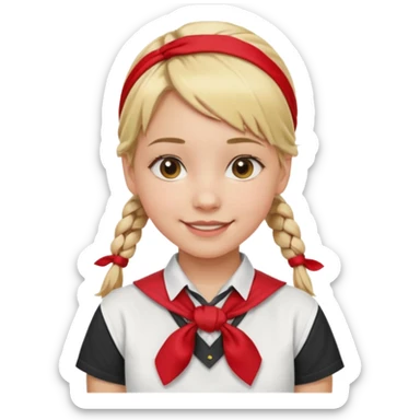 A Soviet pioneer girl emoji — smiling young girl with blonde hair tied into two short braids. She wears a white school shirt and a wide bright red pioneer neckerchief tied in a loose triangular knot at the chest (not a necktie) sticker