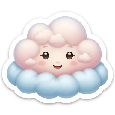 Cinematic tiny snuggly cloud, soft fluffy texture, gentle glowing edges, cute blushing cheeks, floating peacefully in a pastel sky, warm and dreamy. sticker