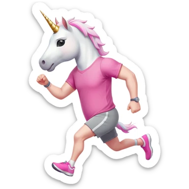 friendly anthropomorphised male white unicorn with a stocky, strong build, white arms and legs, wearing grey shorts and pink t-shirt, dark sunglasses, jogging upright in a relaxed pose sticker