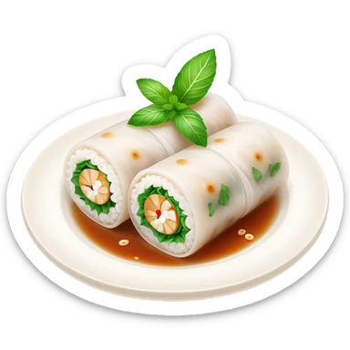 Bánh Cuốn Cinematic Realistic Bánh Cuốn Dish Emoji, depicted as delicate steamed rice rolls garnished with chopped mint on top, rendered with lifelike textures and fresh, vibrant lighting. sticker