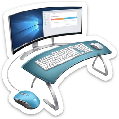 Create an emoji for UX/UI design. Show two large curved monitors displaying UX/UI design interfaces. Include a mouse, keyboard, and stylus next to the screens. Use modern, professional colors. Do not include any emojis or smiley faces. Make the background transparent. sticker