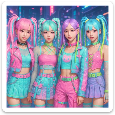 Blackpink in pastel cyber goth style, neon and pastel mix, futuristic and cute sticker