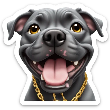 dark gray american staffie dog doing a selfie and sticking toungur out very happy rich with gold chain sticker