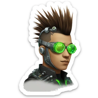 Mohawk hair with neon green highlights Asian male cyborg head with neon silver steampunk goggles and circuits sticker