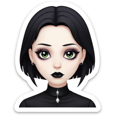 Goth person with pale face, black clothes, and dark makeup sticker