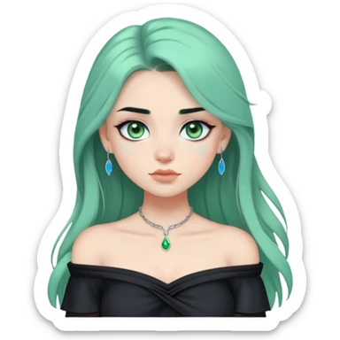 a soft, dolllike emoji girl with light sage green skin and big green-blue eyes, long black hair that swoops gently at the ends, a tiny silver nose stud and a eyebrow piercing on the left side. off the shoulder black top that shows her collarbones sticker