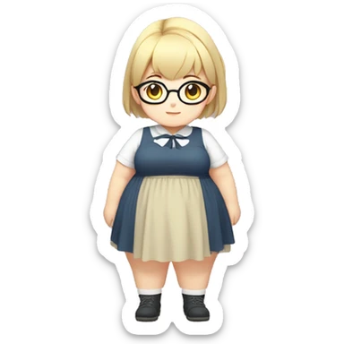 Chubby anime girl with glasses and short blond hair, full body wearing cute dress sticker