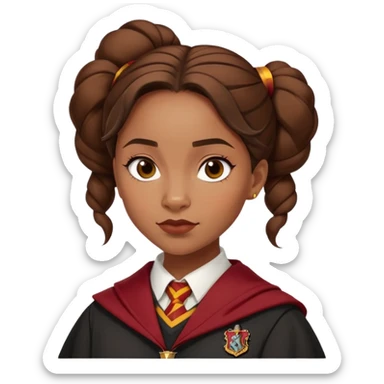 Angelina Johnson in harry potter, wear hogwarts gryfindor uniform,  thick, brown bun hair , reflecting her bold, stylish, and strong personality sticker