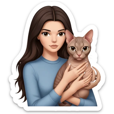 brunette Kendall Jenner with long hair holding on the hands a Sphynx cat sticker