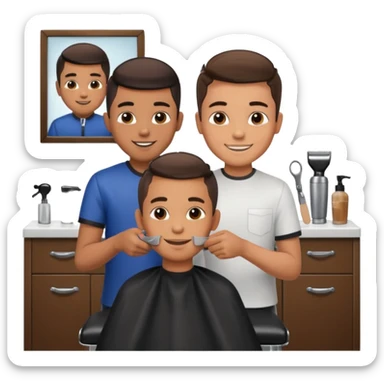 Barber cutting boys hair. Show the boy sat in black barber chair and both having smiles on their faces sticker