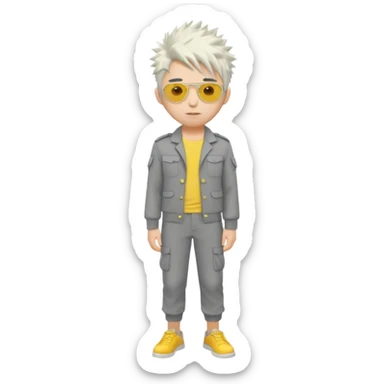 A japanese guy with white messy spiky hair circle sunglasses wearing a uniform gray and a yellow button on the top right of the uniform gray pants sticker