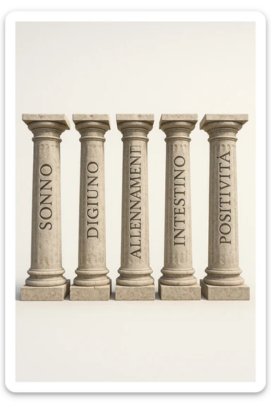 5 pilastri con le scritte "SONNO", "DIGIUNO", "ALLENAMENTO", "INTESTINO", "POSITIVITà" IMMAGINE IPERREALISTICA SFONDO CHIARO IN ITALIANO sticker