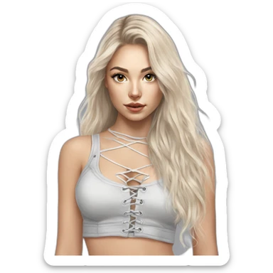 caucasian straight long haired blonde, white plush lace up crop top, tight grey mini skirt, hyperrealist drawing sticker