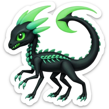 Obsidian-black and neon-glowing-green skeletal Meloetta-Salandit-Gorebyss-Salazzle-Pokémon-Fakémon-creature-fusion-hybrid sticker