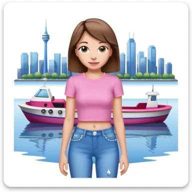 emoji-style character of a young woman with medium-length brown hair, pink short-sleeve crop top, and pearl-studded blue jeans, standing by a waterfront with city buildings in the background sticker