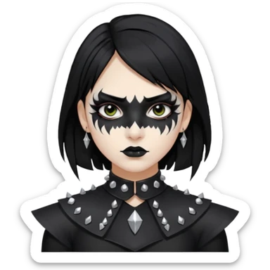 Crea una ragazza con stile black metal,  paint face black metal, capelli neri mossi dalle spalle e occhi bianchi e un collare con borchie a punta sticker