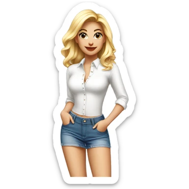 Blonde woman with white tight blouse and denim mini skirt and high platform heels looking at the camera sticker