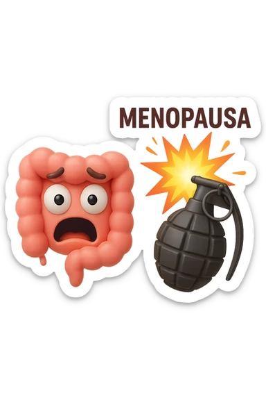 EMOJI STILE IPHONE 3D DI INTESTINO 3D CON ESPRESSIONE SPAVENTATA IN VOLTO MENTRE ACCANTO A LUI SCOPPIA UNA GRANATA 3D CON LA SCRITTA "MENOPAUSA" SOPRA, FAGLI ANCHE LA PARTE BIANCA DEGLI OCCHI, NON SOLO LA PUPILLA sticker