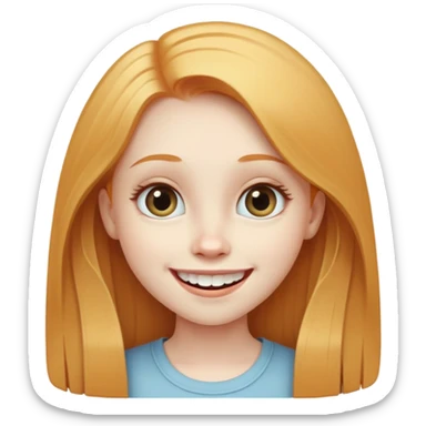 traditional simple emoji of young girl with very pale skin, long straight ginger blonde hair, big eyes, big smile with teeth showing, classic round face sticker