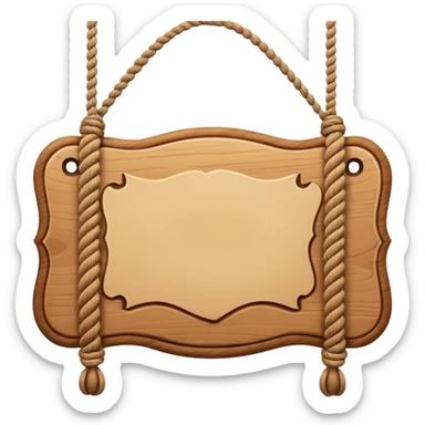 3D cartoon style wooden hanging signboard, smooth polished wood texture, rounded edges, detailed wood grain, thick twisted ropes going through holes on both sides, hanging rope knots visible sticker
