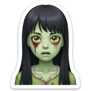 zombie girl with long straight black hair and bangs with greenish skin  sticker