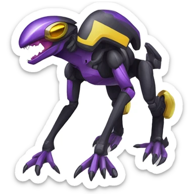 a shiny black-purple-yellow Genesect-Raptor-Fakémon—hybrid with a futuristic visor-helmet full bod sticker