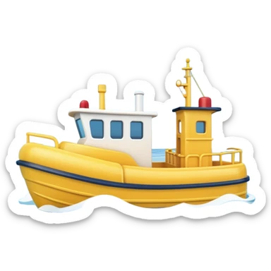 A 3D cartoon tugboat towing another boat on calm blue water, soft waves, clear sky, Memoji-style. sticker