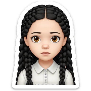 Draw Jenna Ortega with pale skin, black braids, white-collared dress & serious expression. sticker
