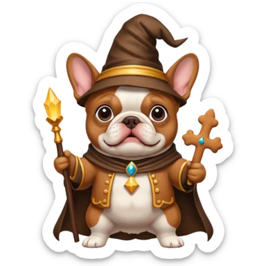 Make a French bulldog wise wizard with the skin tone of a ginger Bread man and with skin on it’s breast  sticker