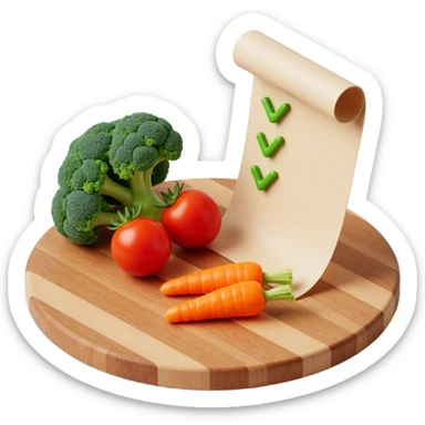 carrot tomato brocoli on the wooden cutting board with floating rolled paper list with green checkboxes sticker