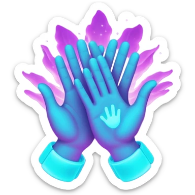 futuristic glowing clapping hands, purple and cyan glow, dark background sticker
