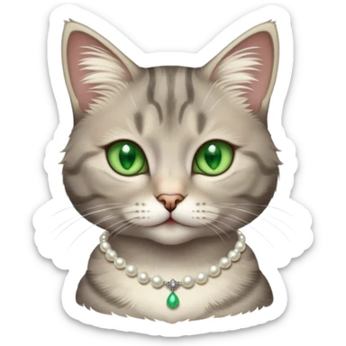 fluffy light grey tabby cat with green eyes, white tummy, and a pearl necklace  sticker