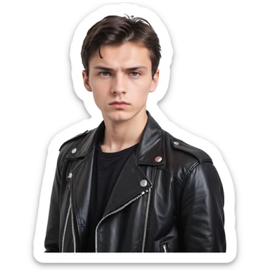 Danila Bagrov from Brother 2 movie, young Russian man with short dark hair, serious expression, wearing black leather jacket sticker