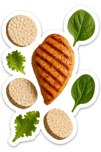 petto di pollo grigliato fluttua in aria insieme a gallette di riso e foglie di insalata, iperrealistico 4k sticker