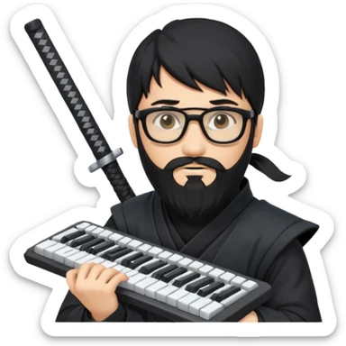 Man with black hair and beard wearing glasses in a ninja costume. Keep the top left version, make the beard longer and add a computer keyboard  sticker