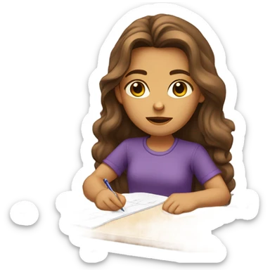 girl with long wavy brown hair in a purple shirt like the normal emoji and brown eyes taking a test  sticker