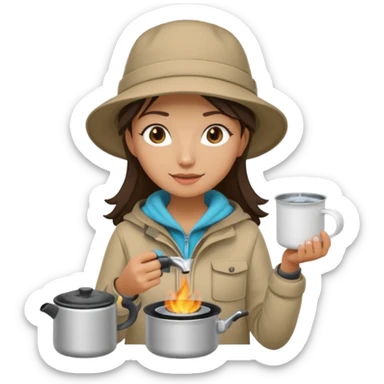 A woman camper boiling water on a portable stove, enjoying the outdoor sticker