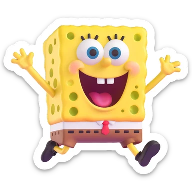 SpongeBob SquarePants, 3D emoji style, rounded features, playful look, jumping pose sticker