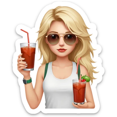 girl with long blond messy hair
with blue eyes
and aviator sunglasses
wearing white tank top 
holding bloody mary
wearing (rose gold apple watch with forest green band) sticker