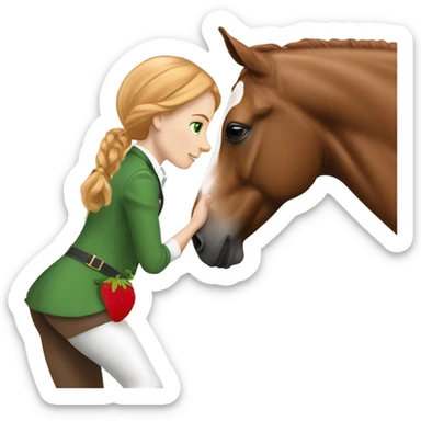 White teen girl with green eyes and medium length strawberry blonde hair wearing nice English riding attire giving a treat to a brown and white paint horse sticker