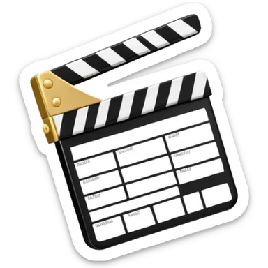 cartoon movie clapper, simple design with gold top part and white bottom part, black diagonal stripe sticker