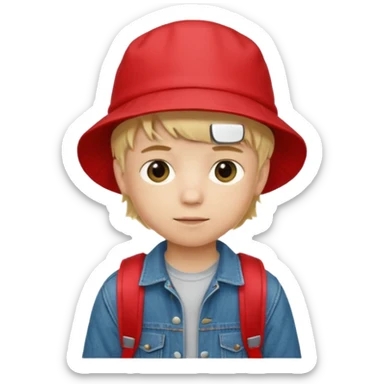 A little boy student, blonde hair, with red bucket hat, jean jacket, backpack sticker