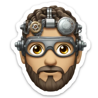 male cyborg head with brown short hair, brown beard, silver steampunk goggles and circuitry sticker